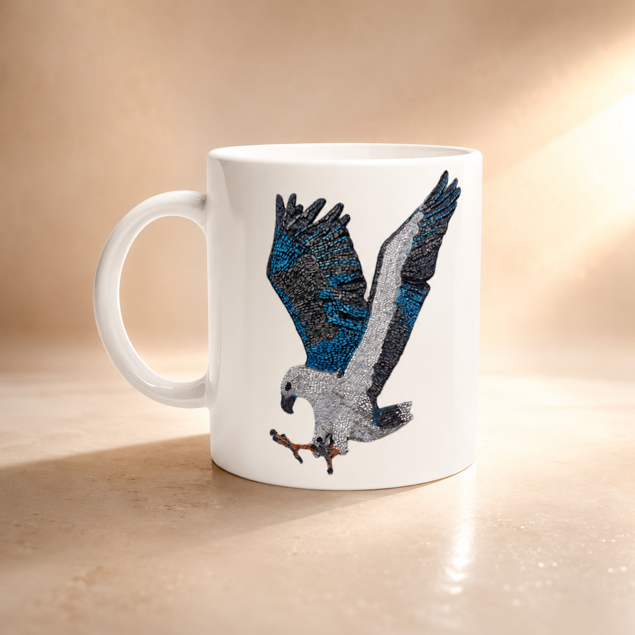White 11oz Ceramic Mug with Color Inside | "Willow" the White-bellied Sea Eagle Mosaic
