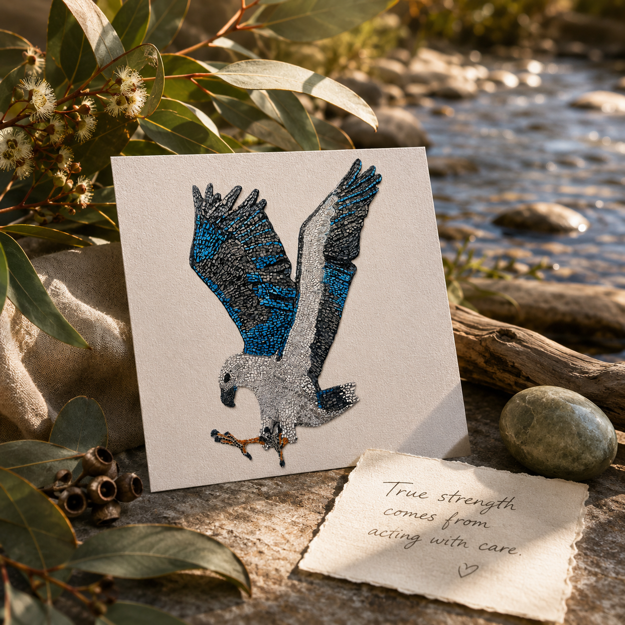 Willow White-bellied Sea Eagle postcard displayed near native Australian greenery, river stones, water-inspired textures and soft golden sunlight, creating a calm reflective scene that connects the mosaic bird artwork with resilience, wildlife conservation and care for nature.