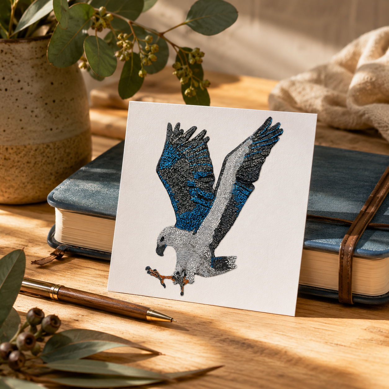 Willow White-bellied Sea Eagle art postcard leaning against a journal on a warm wooden desk beside a pen, eucalyptus greenery and soft natural light, styled as a thoughtful stationery piece for journaling, gifting, collecting and meaningful everyday display.