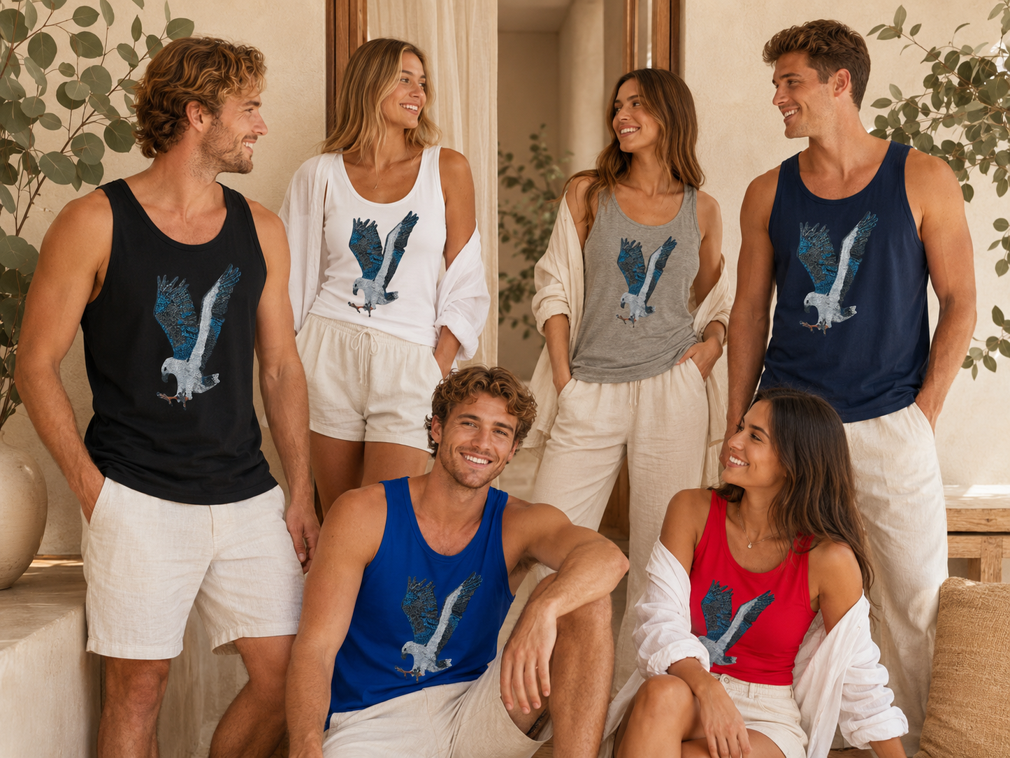 Casual outdoor lifestyle image showing a group of models wearing the Willow tank top in different colour options, styled in natural light with relaxed everyday outfits and Australian greenery in the background, highlighting the Willow white-bellied sea eagle artwork across the full colour range as wearable art apparel by Shimmer & Whimsy House.