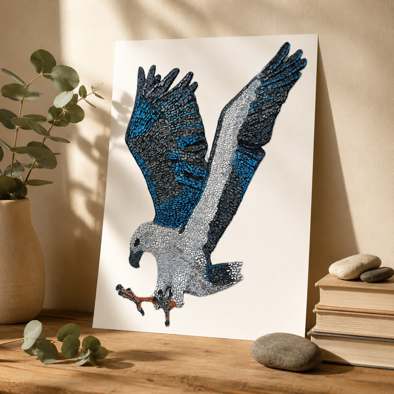 Willow White-bellied Sea Eagle poster print displayed as mosaic-inspired Australian wildlife wall art for a calm home, office or creative studio.