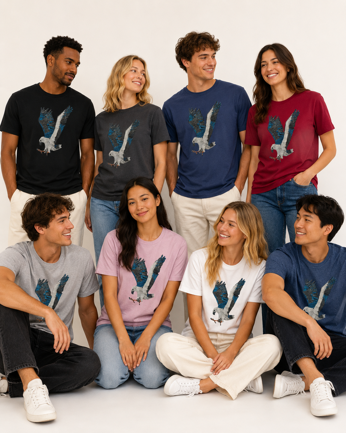 Group of male and female models wearing the Willow White-bellied Sea Eagle mosaic t-shirt in multiple colours, showcasing the unisex Merrin’s Art Australia wearable art tee collection in a clean studio setting.