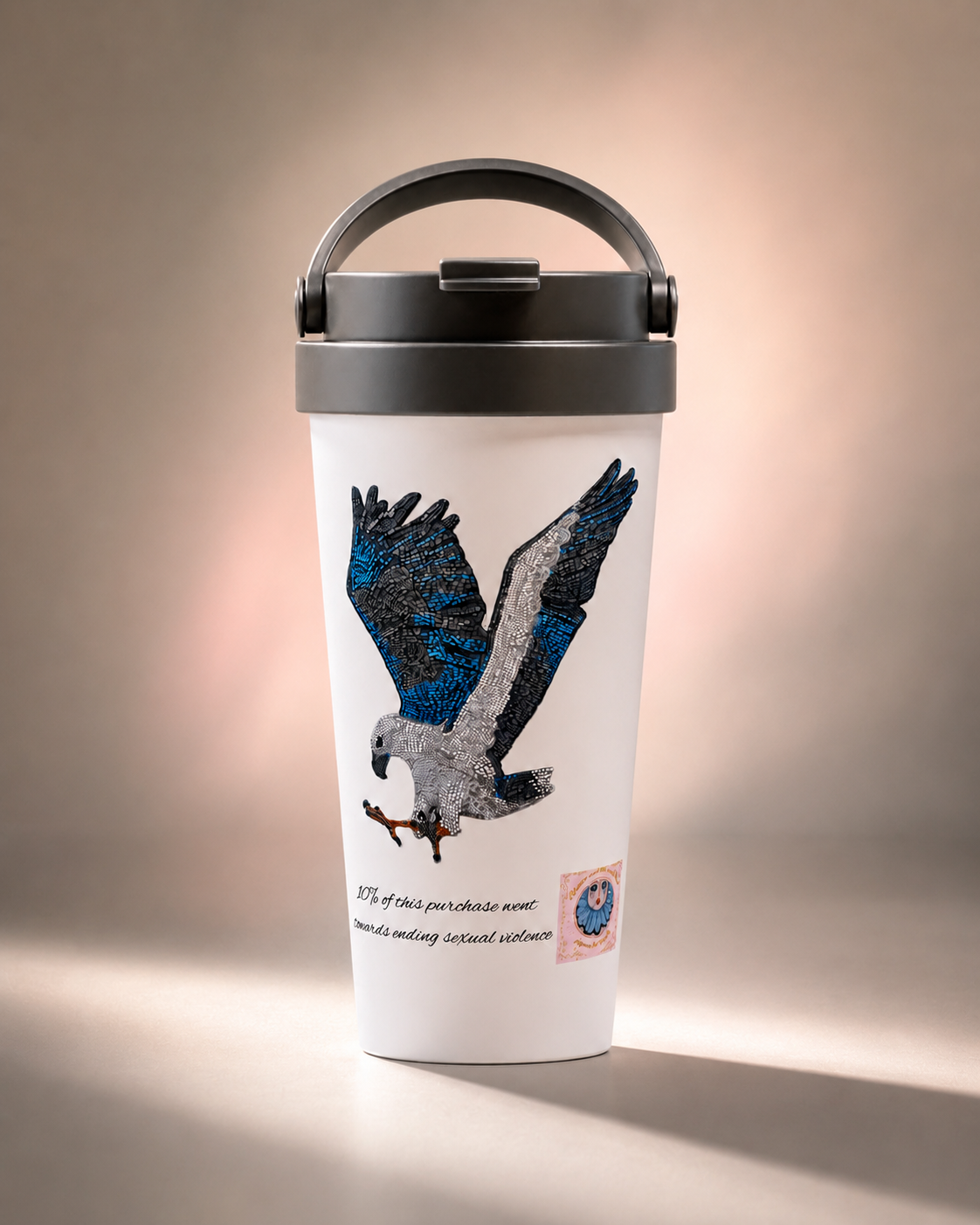 White 15oz Stainless Steel Travel Mug | "Willow" the White-bellied Sea Eagle Mosaic