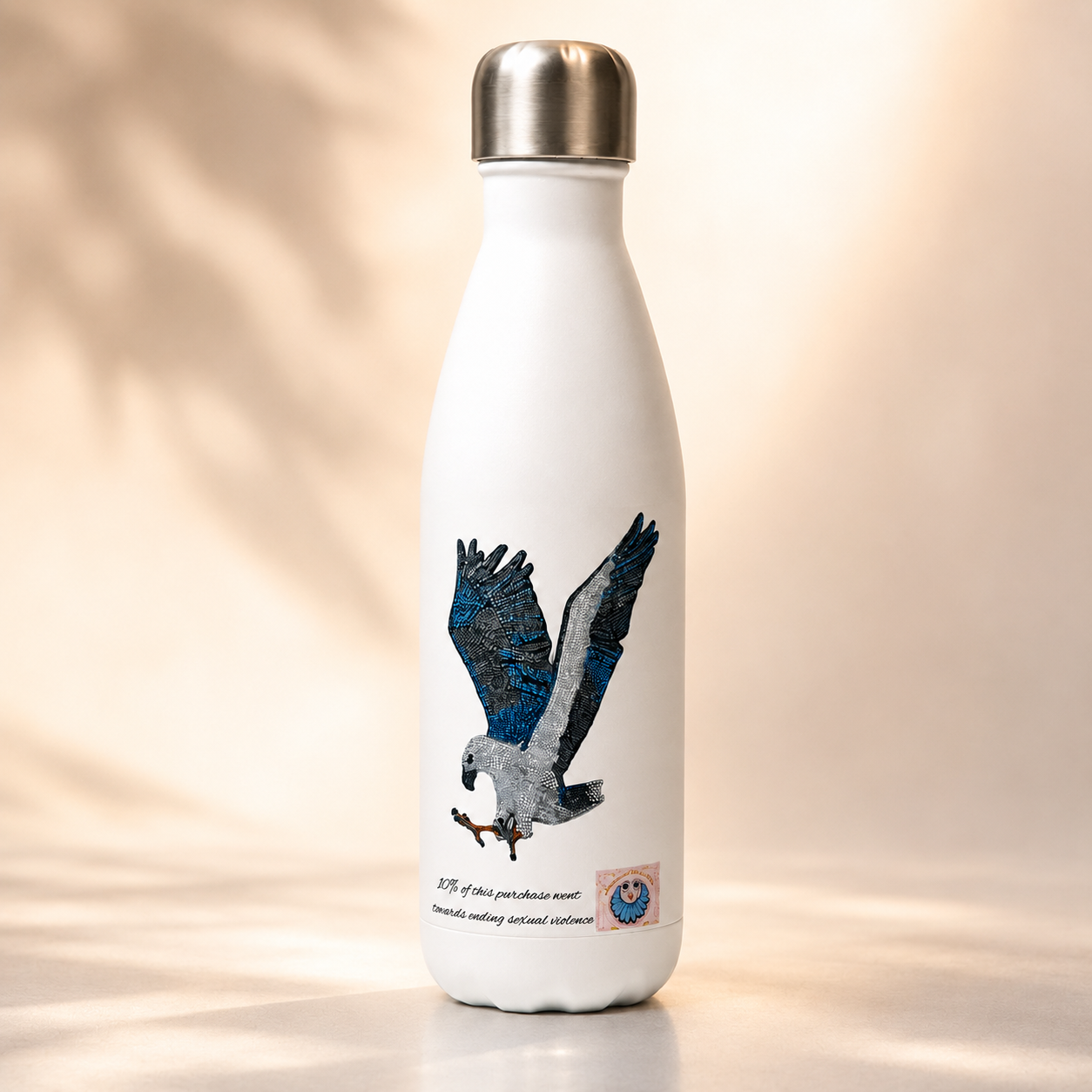 White 17oz Stainless Steel Water Bottle | "Willow" the White-bellied Sea Eagle Mosaic